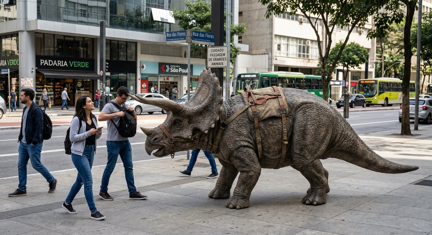Representação de dinossauros vivendo no mundo moderno